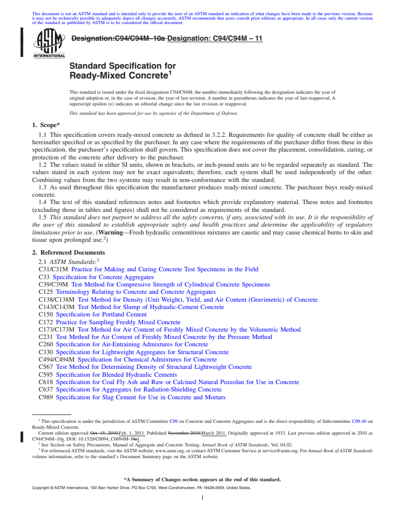 REDLINE ASTM C94/C94M-11 - Standard Specification for Ready-Mixed Concrete