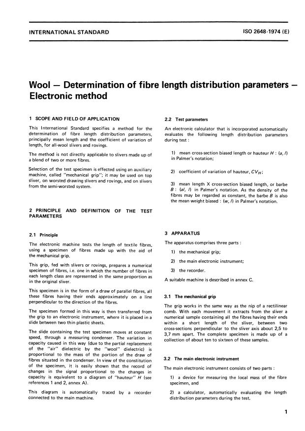 ISO 2648:1974 - Wool -- Determination of fibre length distribution parameters -- Electronic method