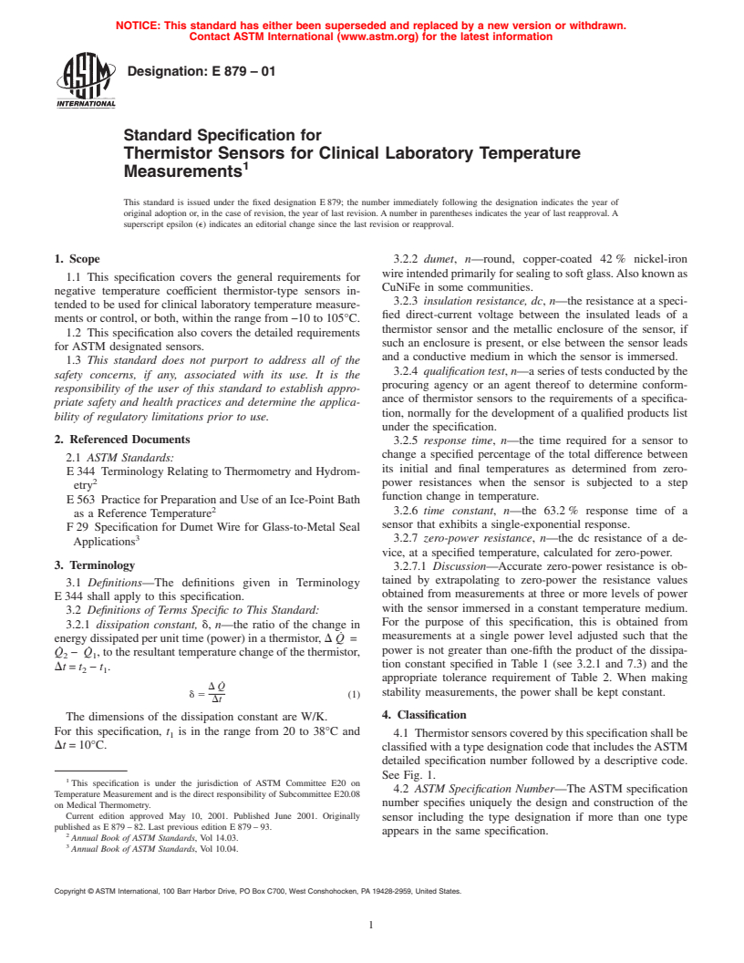 ASTM E879-01 - Standard Specification for Thermistor Sensors for Clinical Laboratory Temperature Measurements