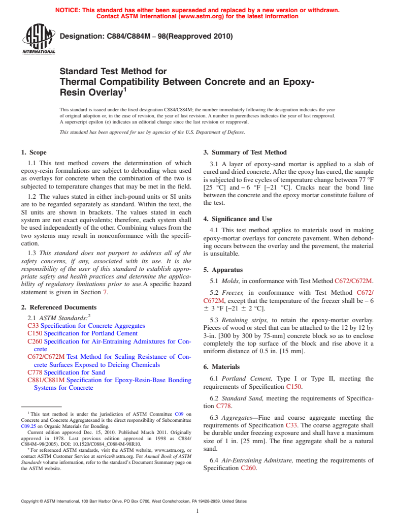 ASTM C884/C884M-98(2010) - Standard Test Method for Thermal Compatibility Between Concrete and an Epoxy-Resin Overlay