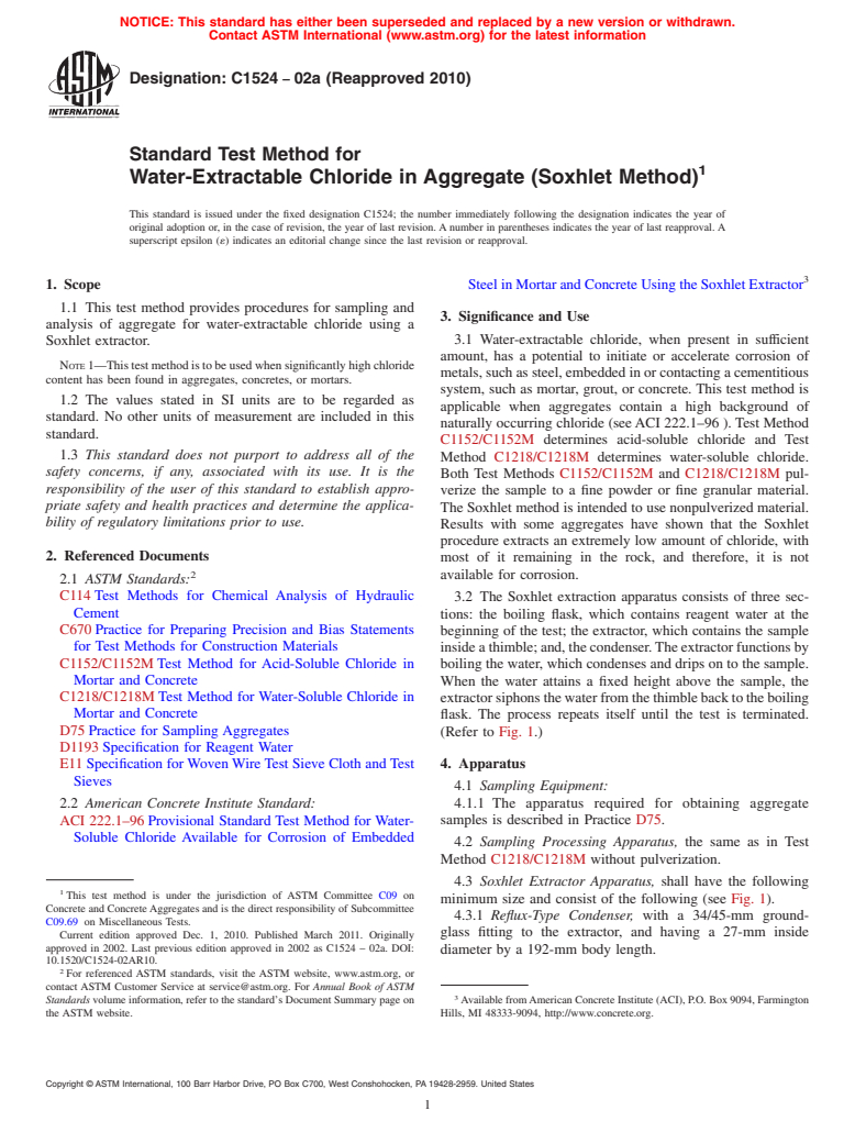 ASTM C1524-02a(2010) - Standard Test Method for Water-Extractable Chloride in Aggregate (Soxhlet Method) (Withdrawn 2019)