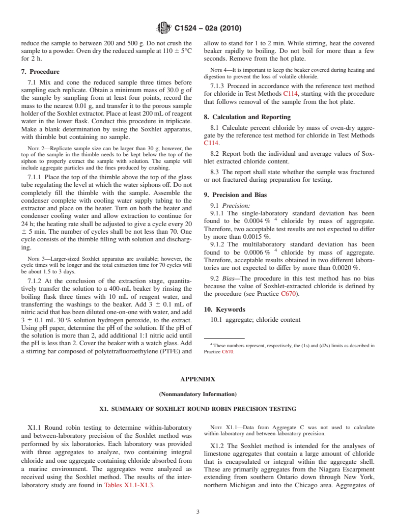 ASTM C1524-02a(2010) - Standard Test Method for Water-Extractable Chloride in Aggregate (Soxhlet Method) (Withdrawn 2019)