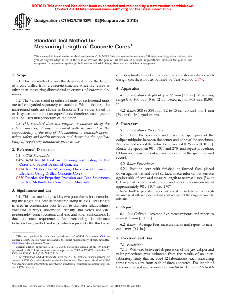 ASTM C1542/C1542M-02(2010) - Standard Test Method for Measuring Length of Concrete Cores