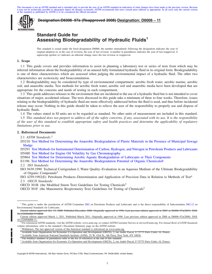 REDLINE ASTM D6006-11 - Standard Guide for Assessing Biodegradability of Hydraulic Fluids