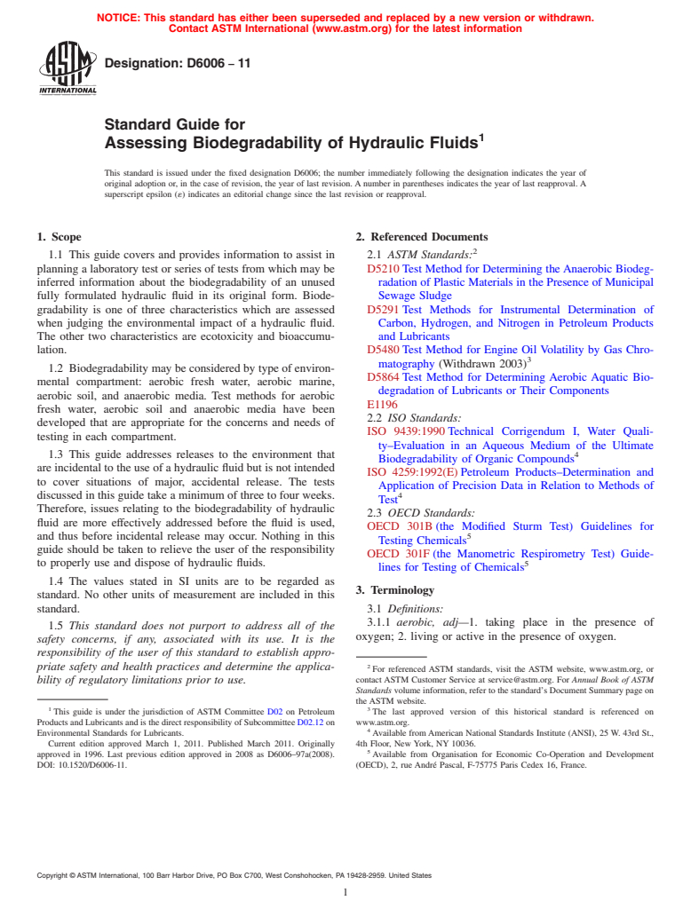 ASTM D6006-11 - Standard Guide for Assessing Biodegradability of Hydraulic Fluids