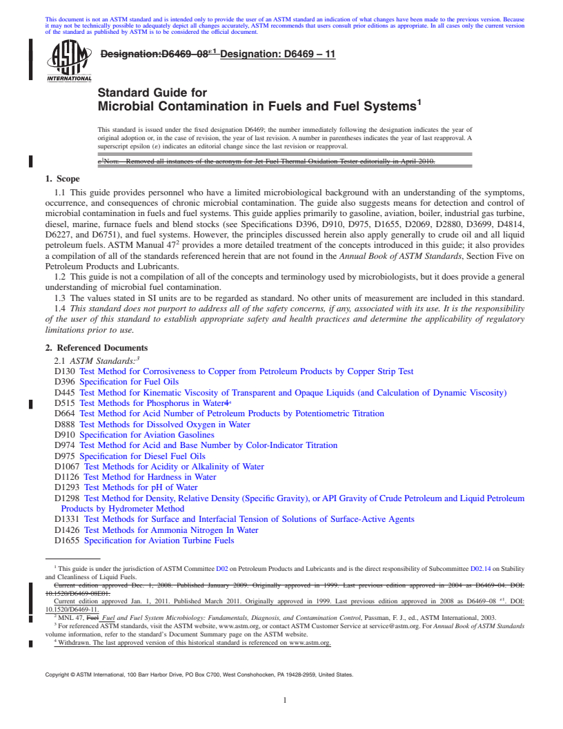 REDLINE ASTM D6469-11 - Standard Guide for Microbial Contamination in Fuels and Fuel Systems