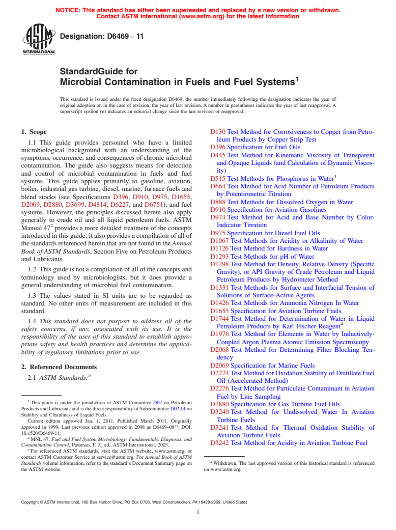 ASTM D6469-11 - Standard Guide for Microbial Contamination in Fuels and Fuel Systems