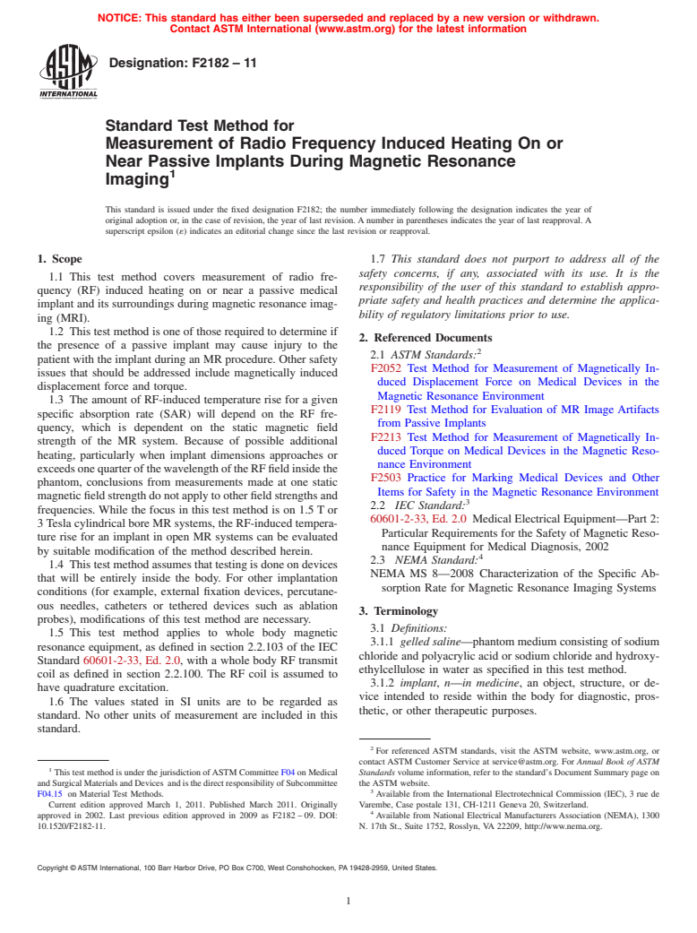 ASTM F2182-11 - Standard Test Method for Measurement of Radio Frequency Induced Heating Near Passive Implants During Magnetic Resonance Imaging