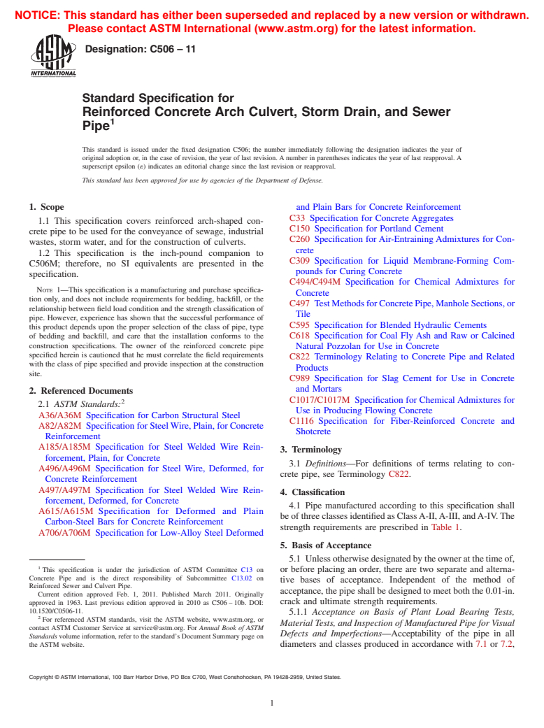 ASTM C506-11 - Standard Specification for  Reinforced Concrete Arch Culvert, Storm Drain, and Sewer Pipe