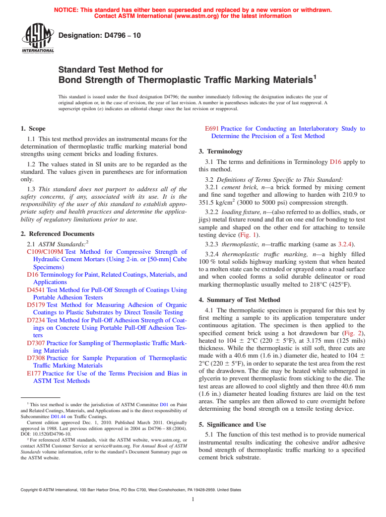 ASTM D4796-10 - Standard Test Method for Bond Strength of Thermoplastic Traffic Marking Materials