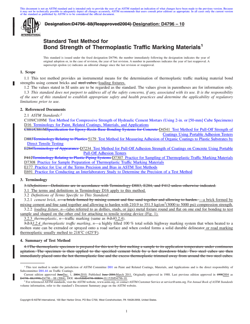 REDLINE ASTM D4796-10 - Standard Test Method for Bond Strength of Thermoplastic Traffic Marking Materials