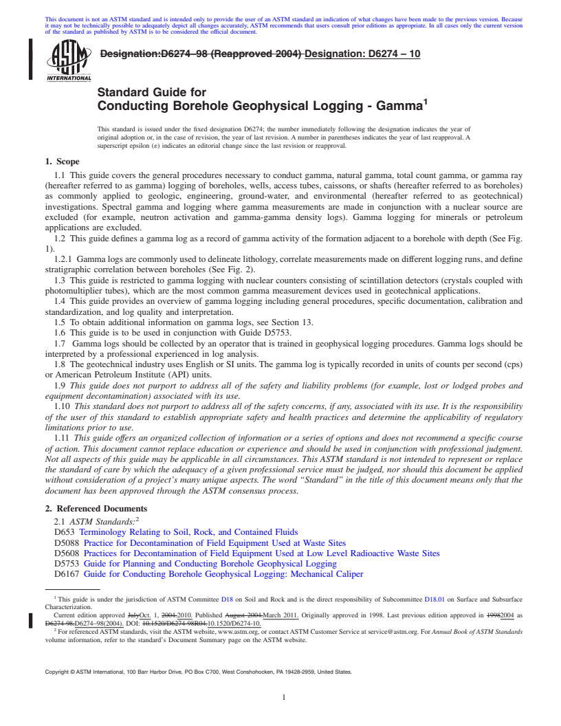 REDLINE ASTM D6274-10 - Standard Guide for Conducting Borehole Geophysical Logging - Gamma