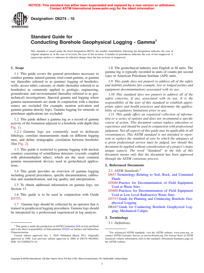 ASTM D6274-10 - Standard Guide for Conducting Borehole Geophysical Logging - Gamma