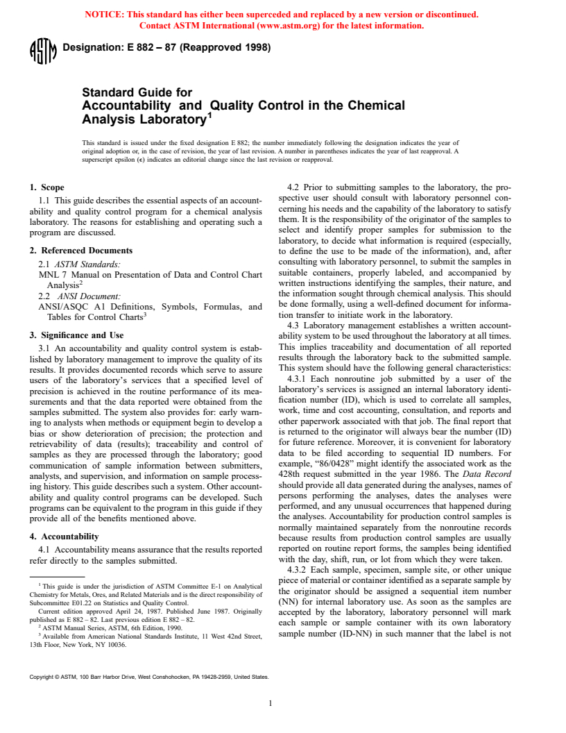 ASTM E882-87(1998) - Standard Guide for Accountability and Quality Control in the Chemical Analysis Laboratory