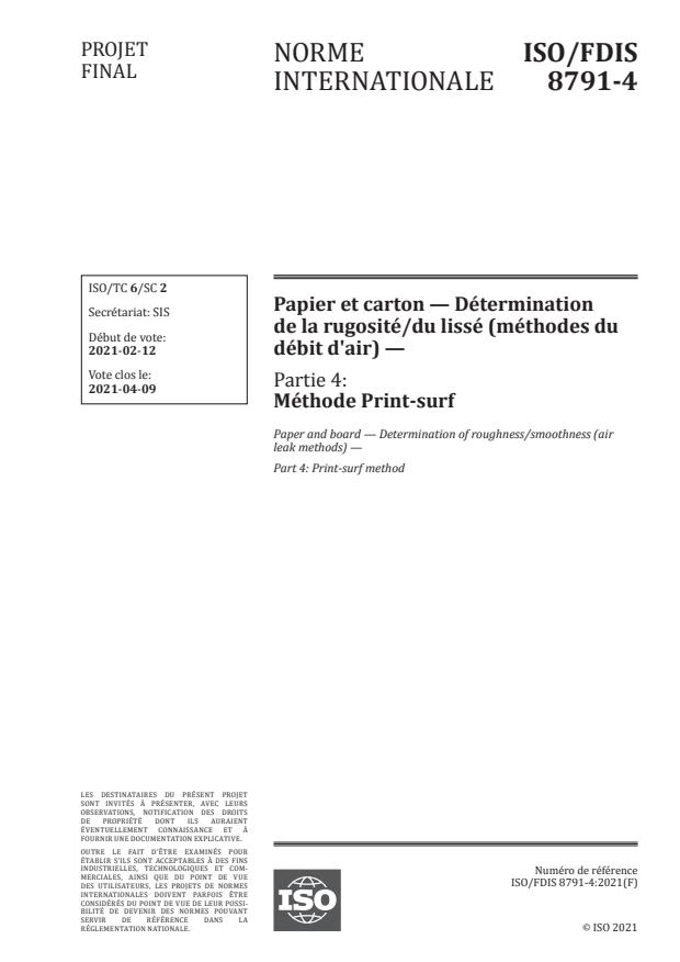 ISO/FDIS 8791-4:Version 03-apr-2021 - Papier et carton -- Détermination de la rugosité/du lissé (méthodes du débit d'air)