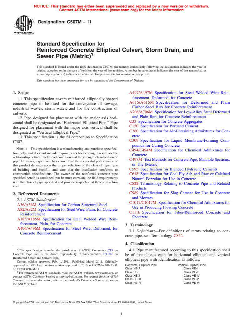 ASTM C507M-11 - Standard Specification for  Reinforced Concrete Elliptical Culvert, Storm Drain, and Sewer Pipe (Metric)