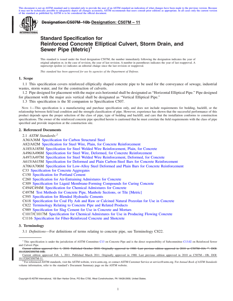 REDLINE ASTM C507M-11 - Standard Specification for  Reinforced Concrete Elliptical Culvert, Storm Drain, and Sewer Pipe (Metric)