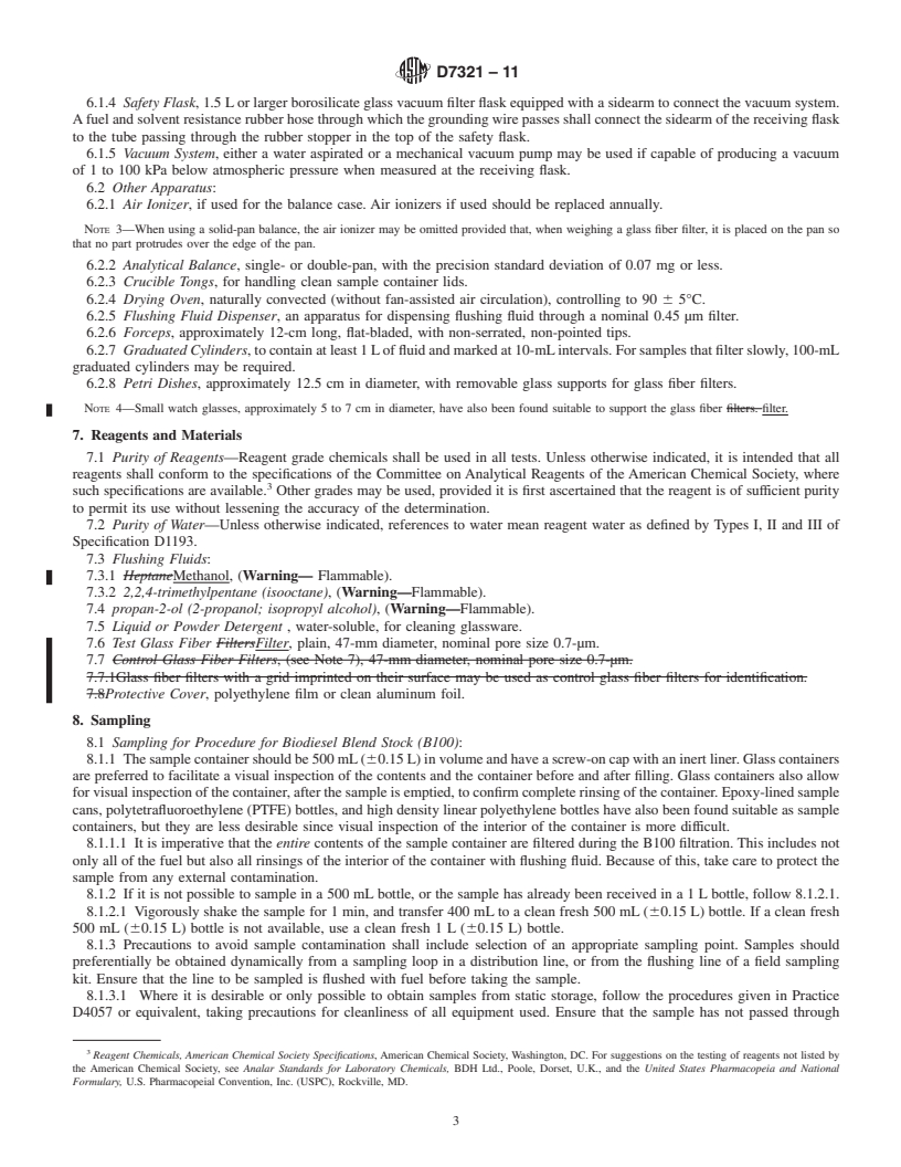 REDLINE ASTM D7321-11 - Standard Test Method for Test Method for Particulate Contamination of Biodiesel B100 Blend Stock   Biodiesel Esters and Biodiesel Blends by Laboratory Filtration