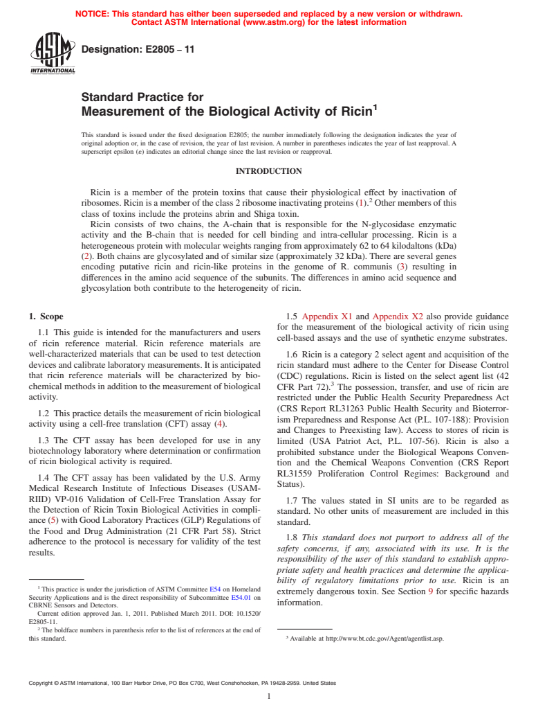 ASTM E2805-11 - Standard Practice for Measurement of the Biological Activity of Ricin