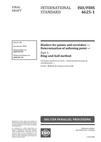 ISO/FDIS 4625-1 - Binders for paints and varnishes -- Determination of softening point