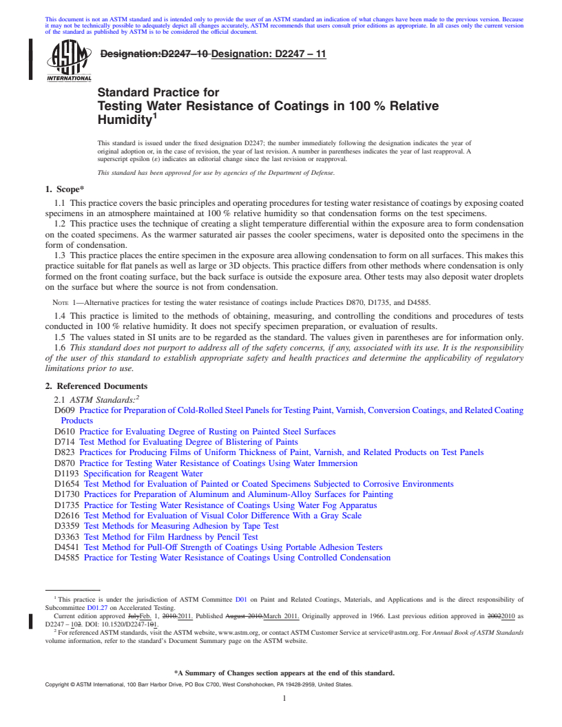REDLINE ASTM D2247-11 - Standard Practice for Testing Water Resistance of Coatings in 100% Relative Humidity