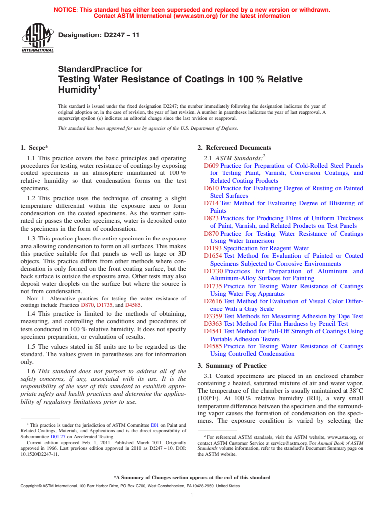 ASTM D2247-11 - Standard Practice for Testing Water Resistance of Coatings in 100% Relative Humidity