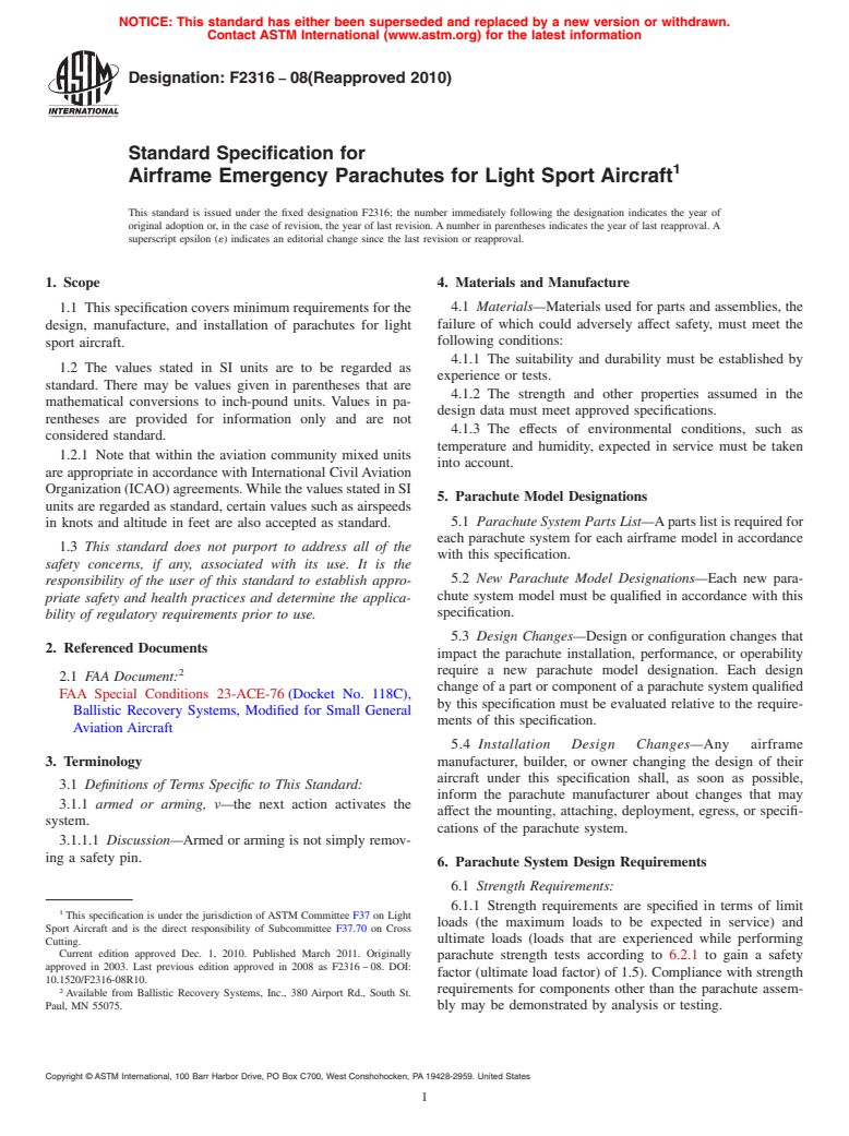 ASTM F2316-08(2010) - Standard Specification for Airframe Emergency Parachutes for Light Sport Aircraft