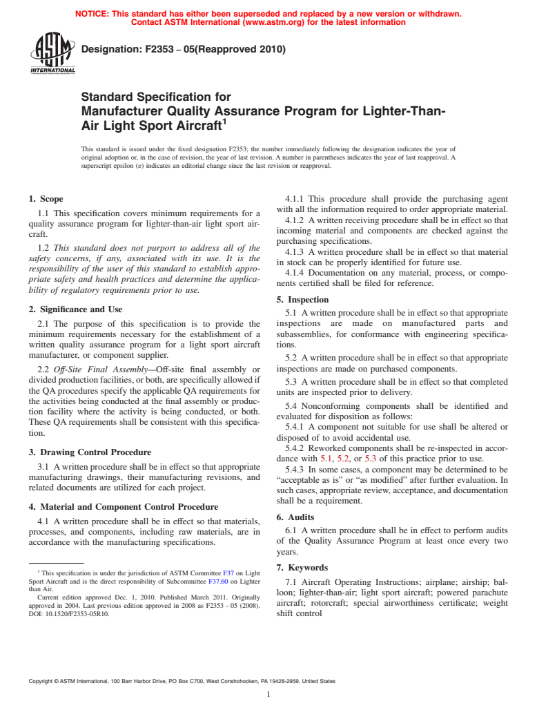 ASTM F2353-05(2010) - Standard Specification for Manufacturer Quality Assurance Program for Lighter-Than-Air Light Sport Aircraft