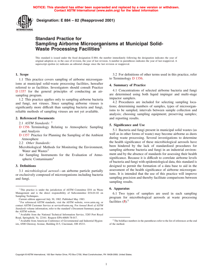 ASTM E884-82(2001) - Standard Practice for Sampling Airborne Microorganisms at Municipal Solid-Waste Processing Facilities