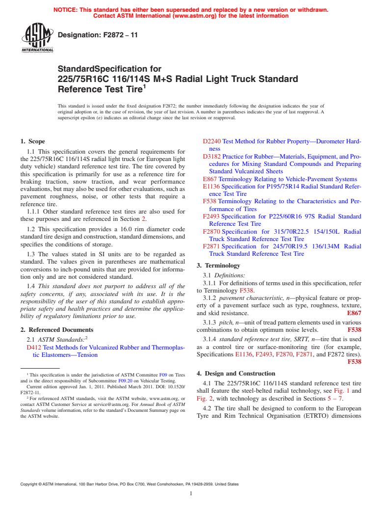 ASTM F2872-11 - Standard Specification for 225/75R16C 116/114S M+S Radial Light Truck Standard Reference Test Tire