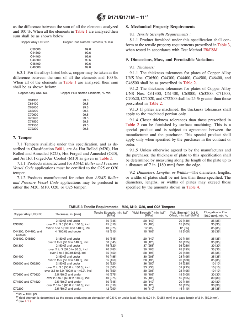 ASTM B171/B171M-11e1 - Standard Specification for Copper-Alloy Plate and Sheet for Pressure Vessels, Condensers, and Heat Exchangers