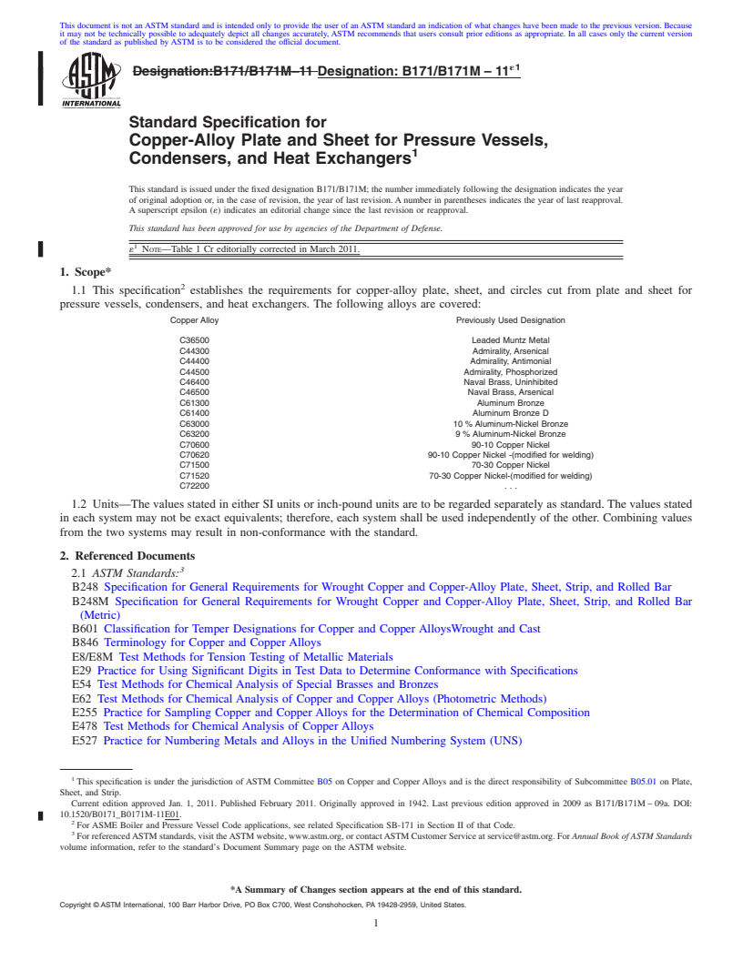 REDLINE ASTM B171/B171M-11e1 - Standard Specification for Copper-Alloy Plate and Sheet for Pressure Vessels, Condensers, and Heat Exchangers