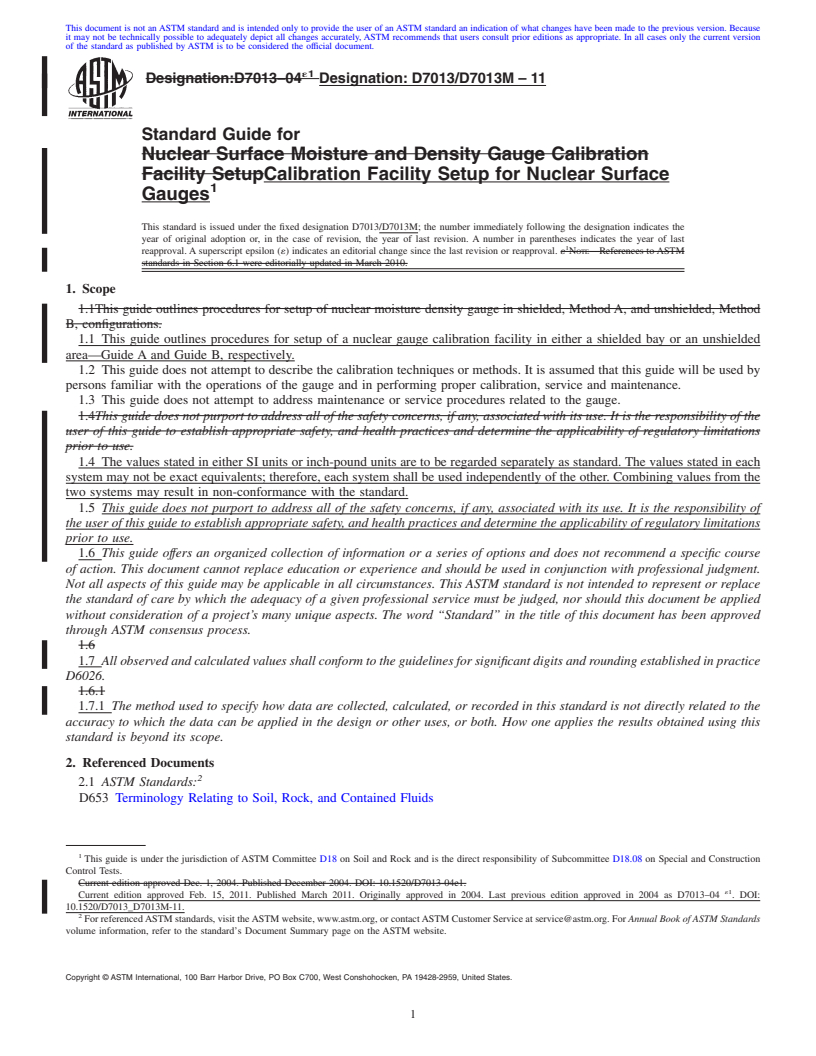 REDLINE ASTM D7013/D7013M-11 - Standard Guide for Calibration Facility Setup for Nuclear Surface Gauges