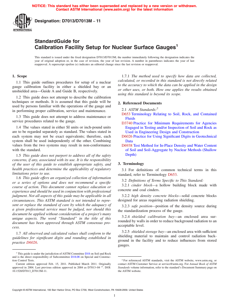 ASTM D7013/D7013M-11 - Standard Guide for Calibration Facility Setup for Nuclear Surface Gauges