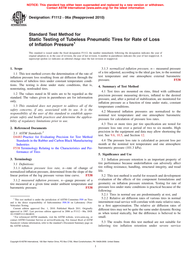 ASTM F1112-06a(2010) - Standard Test Method for Static Testing of Tubeless Pneumatic Tires for Rate of Loss of Inflation Pressure