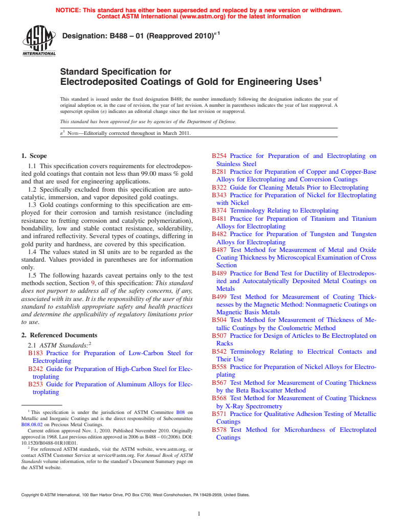 ASTM B488-01(2010)e1 - Standard Specification for Electrodeposited Coatings of Gold for Engineering Uses