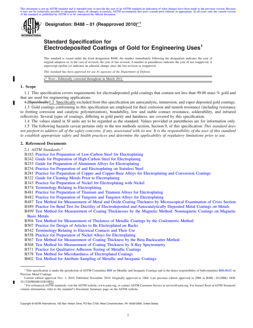 REDLINE ASTM B488-01(2010)e1 - Standard Specification for Electrodeposited Coatings of Gold for Engineering Uses