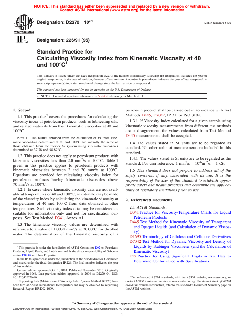 ASTM D2270-10e1 - Standard Practice for Calculating Viscosity Index From Kinematic Viscosity at 40 and 100&#176C