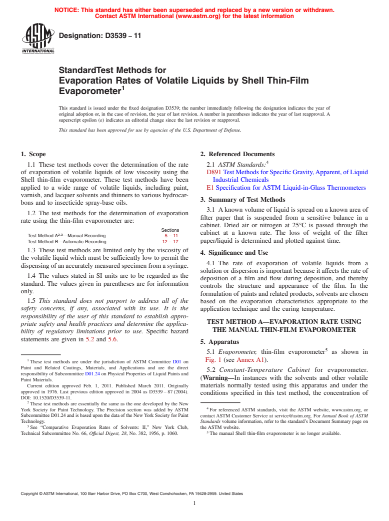 ASTM D3539-11 - Standard Test Methods for Evaporation Rates of Volatile Liquids by Shell Thin-Film Evaporometer (Withdrawn 2015)