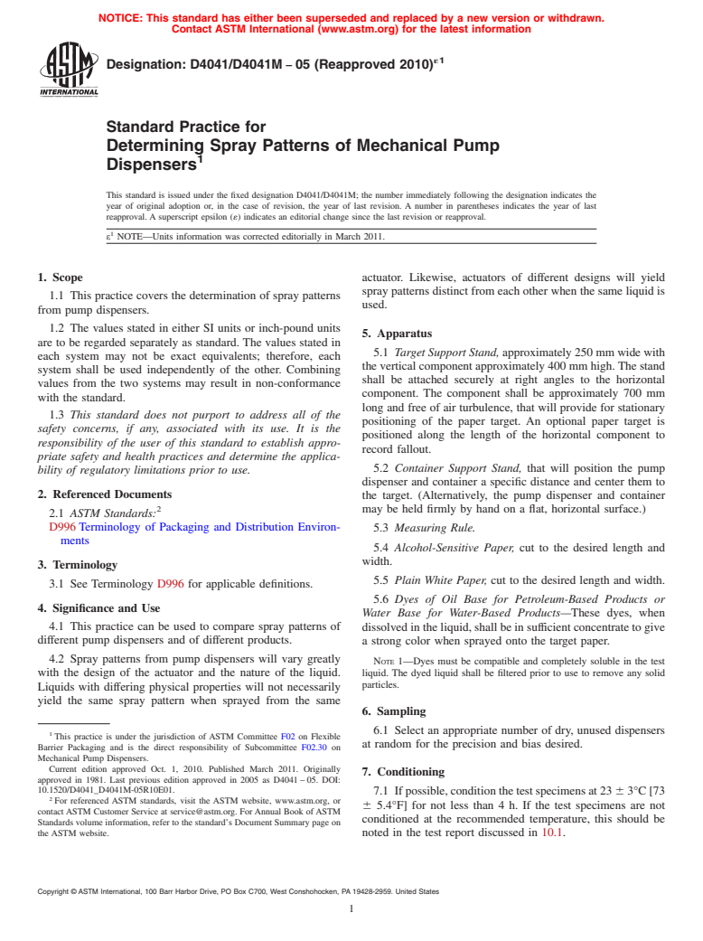 ASTM D4041/D4041M-05(2010)e1 - Standard Practice for Determining Spray Patterns of Mechanical Pump Dispensers