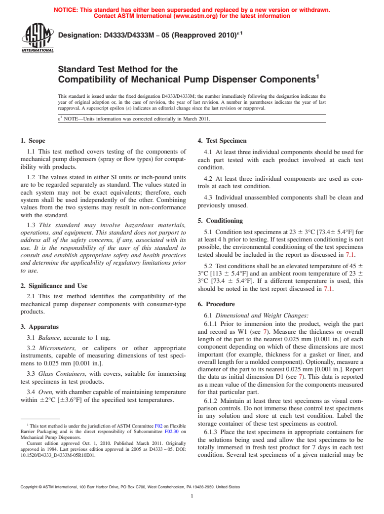 ASTM D4333/D4333M-05(2010)e1 - Test Method for the Compatibility of Mechanical Pump Dispenser Components