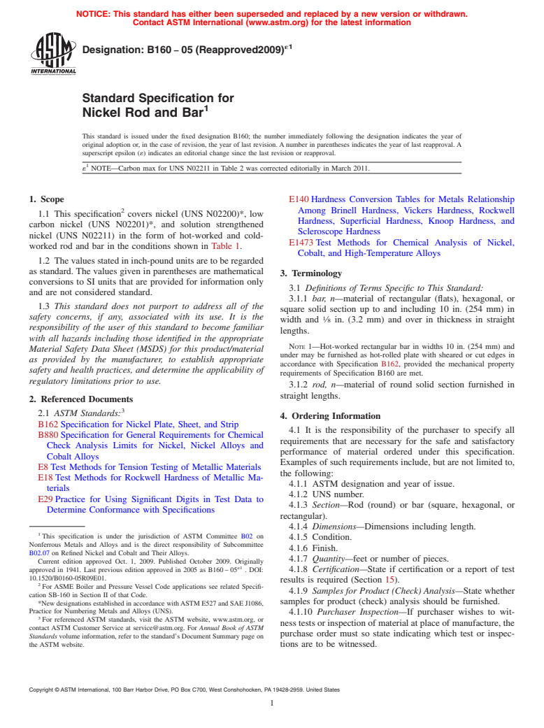 ASTM B160-05(2009)e1 - Standard Specification for  Nickel Rod and Bar