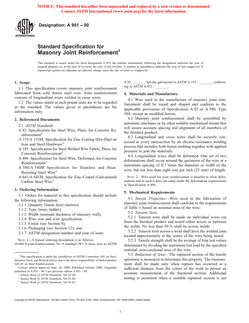 ASTM A951-00 - Standard Specification for Masonry Joint Reinforcement