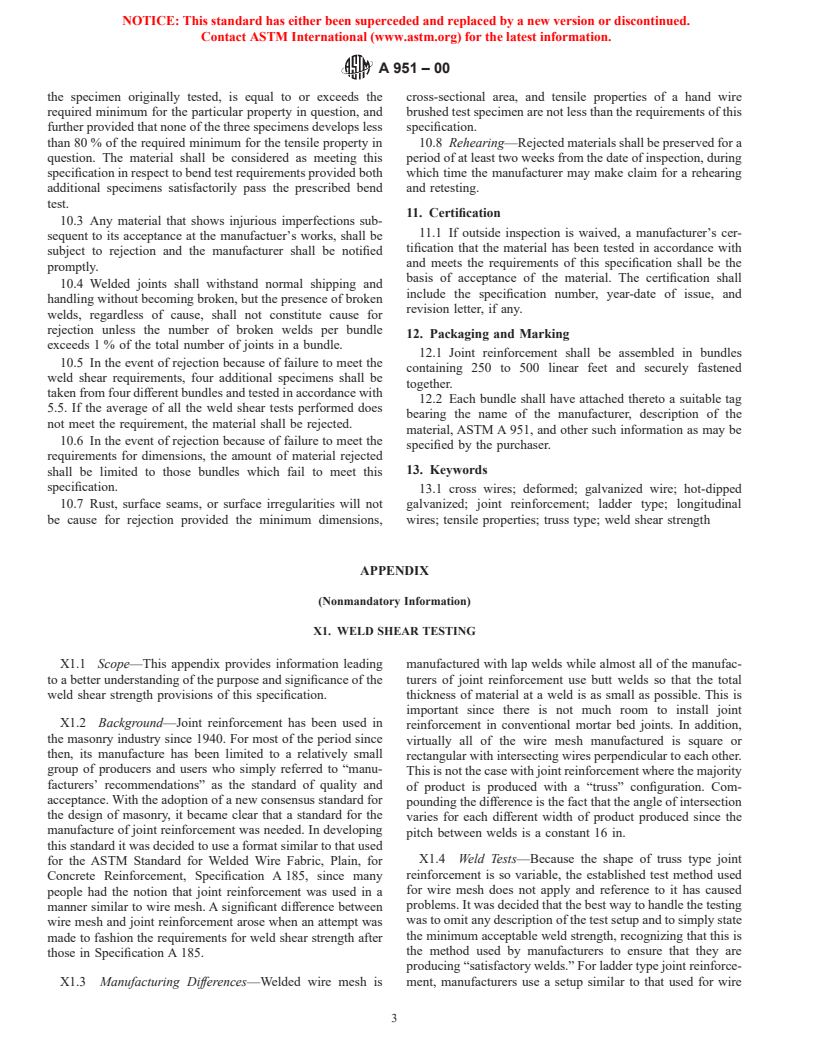 ASTM A951-00 - Standard Specification for Masonry Joint Reinforcement