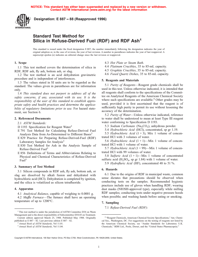 ASTM E887-88(1996) - Standard Test Method for Silica in Refuse-Derived Fuel (RDF) and RDF Ash