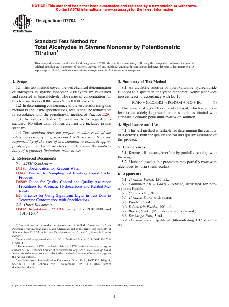 ASTM D7704-11 - Standard Test Method for Total Aldehydes in Styrene Monomer by Potentiometric Titration