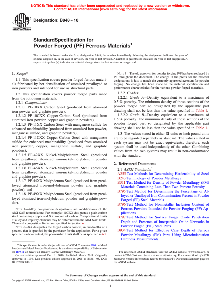 ASTM B848-10 - Specification for Powder Forged (P/F) Ferrous Materials