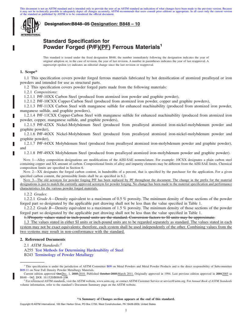 REDLINE ASTM B848-10 - Specification for Powder Forged (P/F) Ferrous Materials