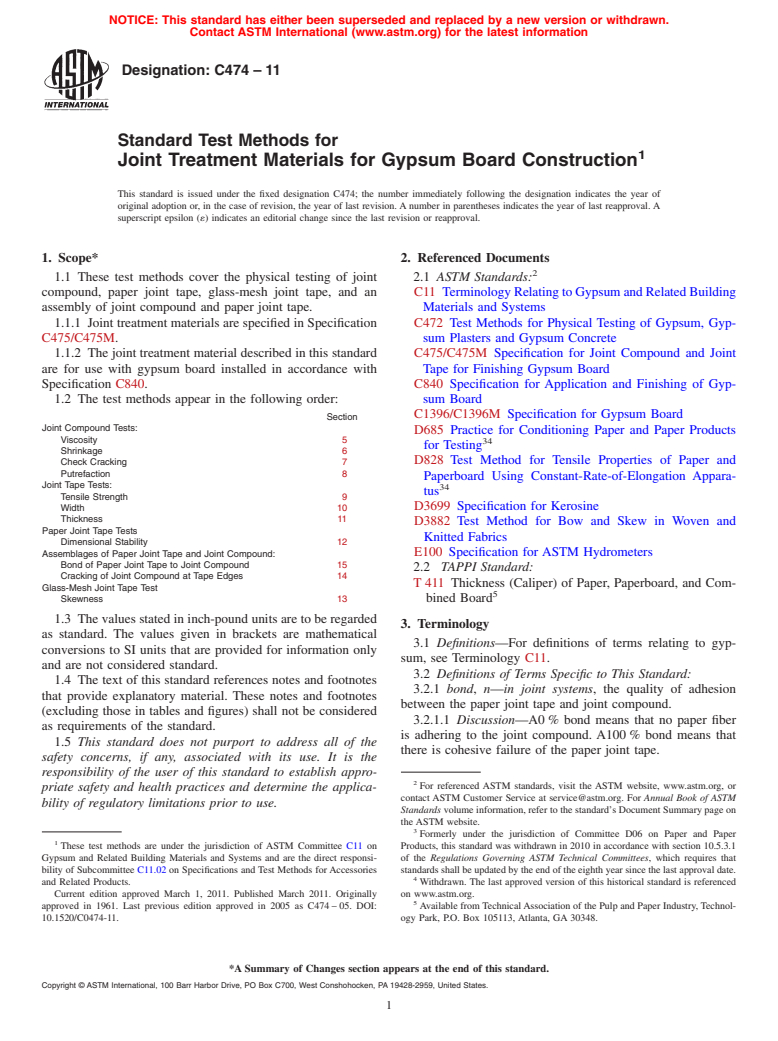 ASTM C474-11 - Standard Test Methods for Joint Treatment Materials for Gypsum Board Construction