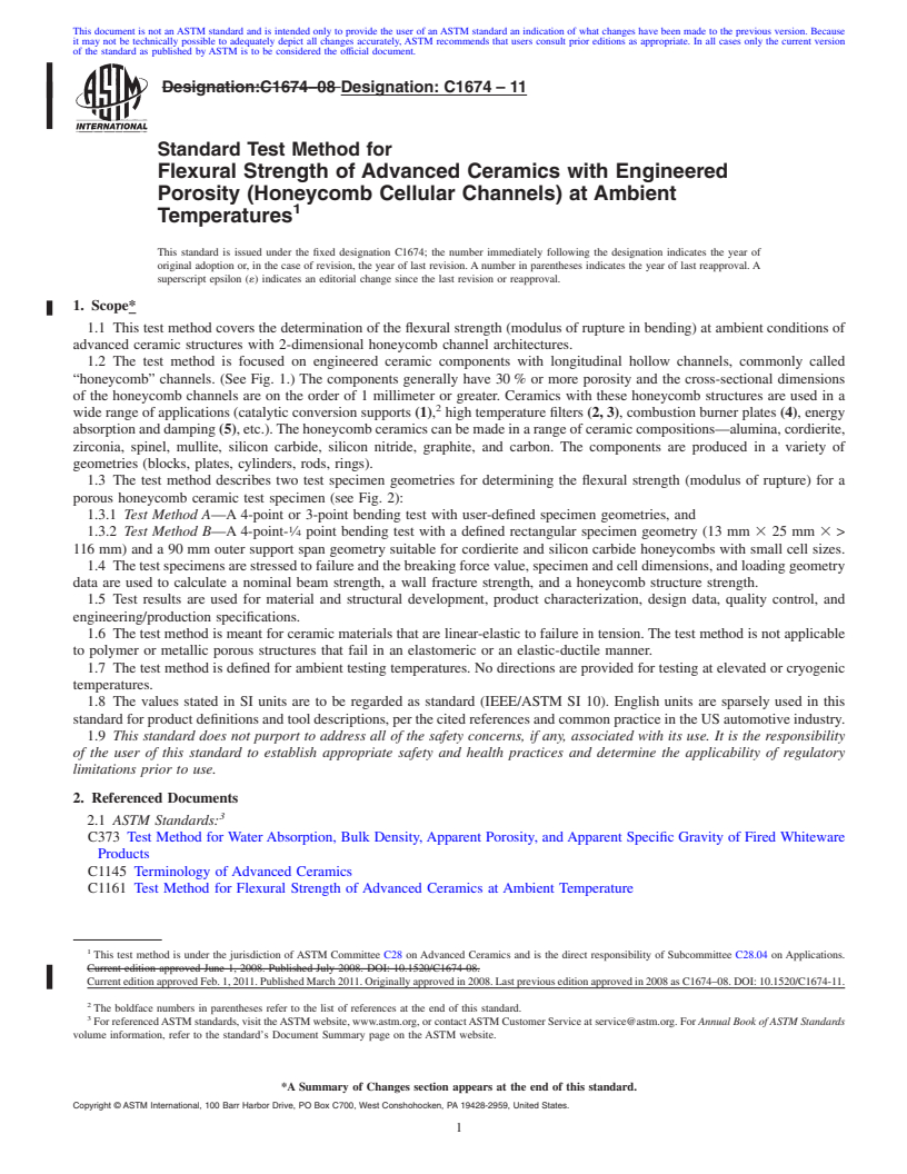 REDLINE ASTM C1674-11 - Standard Test Method for Flexural Strength of Advanced Ceramics with Engineered Porosity (Honeycomb Cellular Channels) at Ambient Temperatures